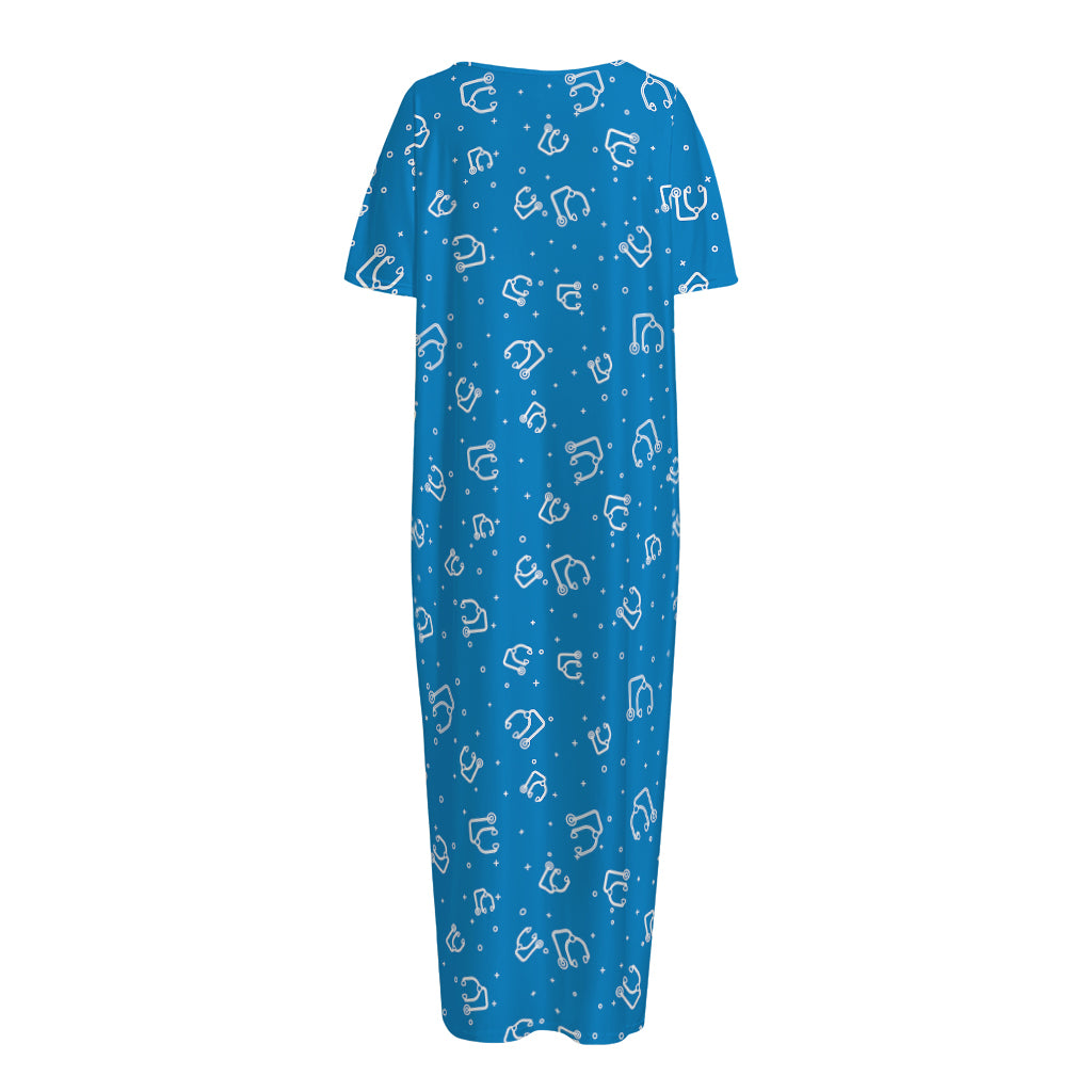 Blue And White Stethoscope Pattern Print Short Sleeve Long Nightdress