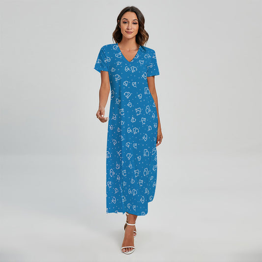 Blue And White Stethoscope Pattern Print Short Sleeve Maxi Dress