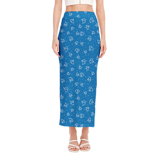 Blue And White Stethoscope Pattern Print Side Slit Maxi Skirt