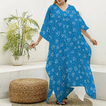 Blue And White Stethoscope Pattern Print Silk V-Neck Kaftan Dress