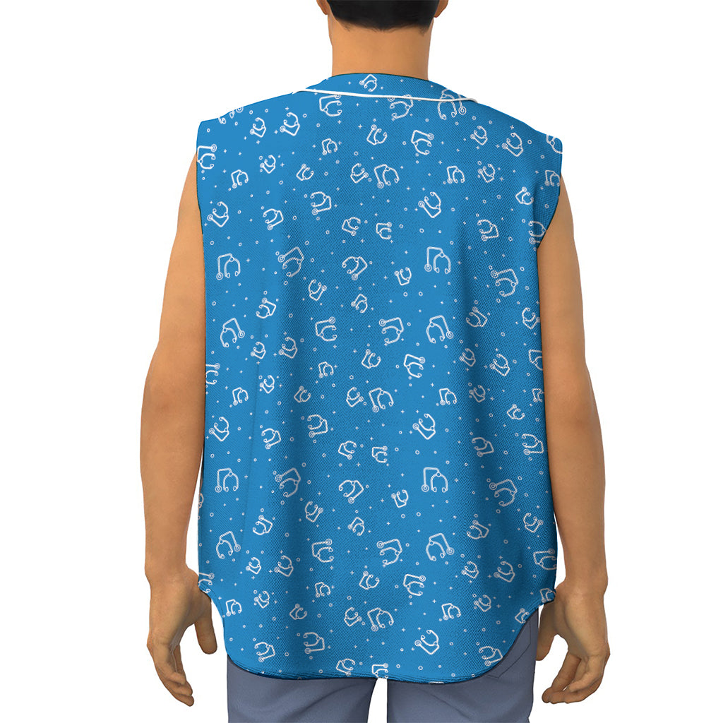 Blue And White Stethoscope Pattern Print Sleeveless Baseball Jersey