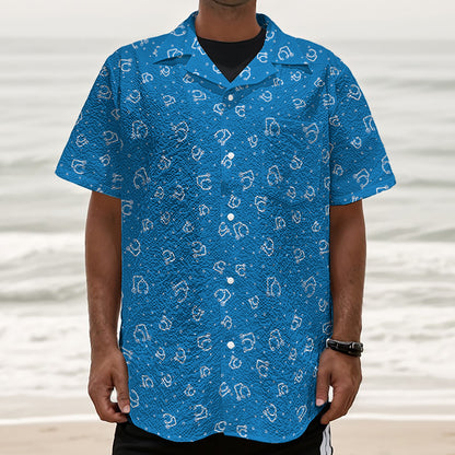 Blue And White Stethoscope Pattern Print Textured Short Sleeve Shirt