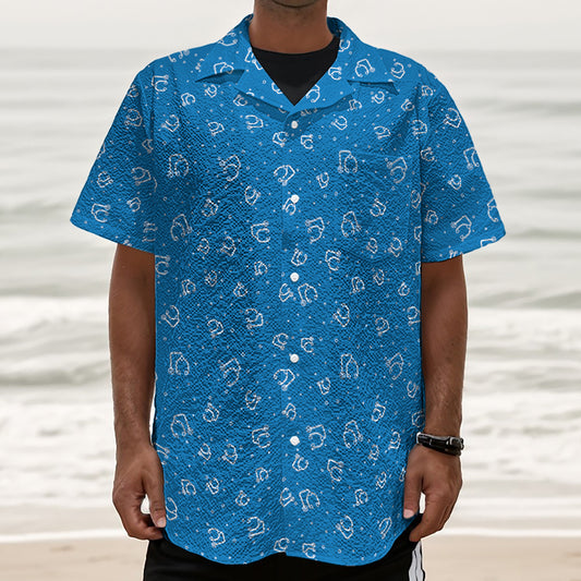 Blue And White Stethoscope Pattern Print Textured Short Sleeve Shirt