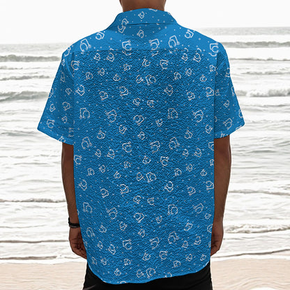 Blue And White Stethoscope Pattern Print Textured Short Sleeve Shirt