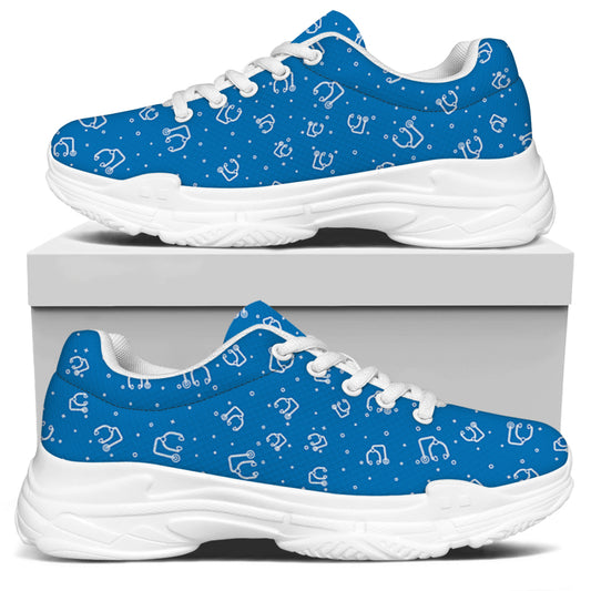 Blue And White Stethoscope Pattern Print White Chunky Shoes