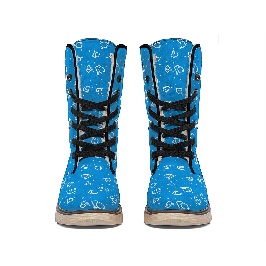 Blue And White Stethoscope Pattern Print Winter Boots