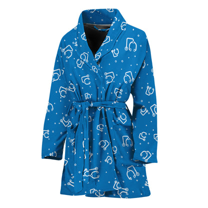 Blue And White Stethoscope Pattern Print Women's Bathrobe