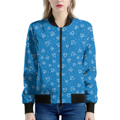 Blue And White Stethoscope Pattern Print Women's Bomber Jacket