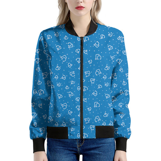 Blue And White Stethoscope Pattern Print Women's Bomber Jacket