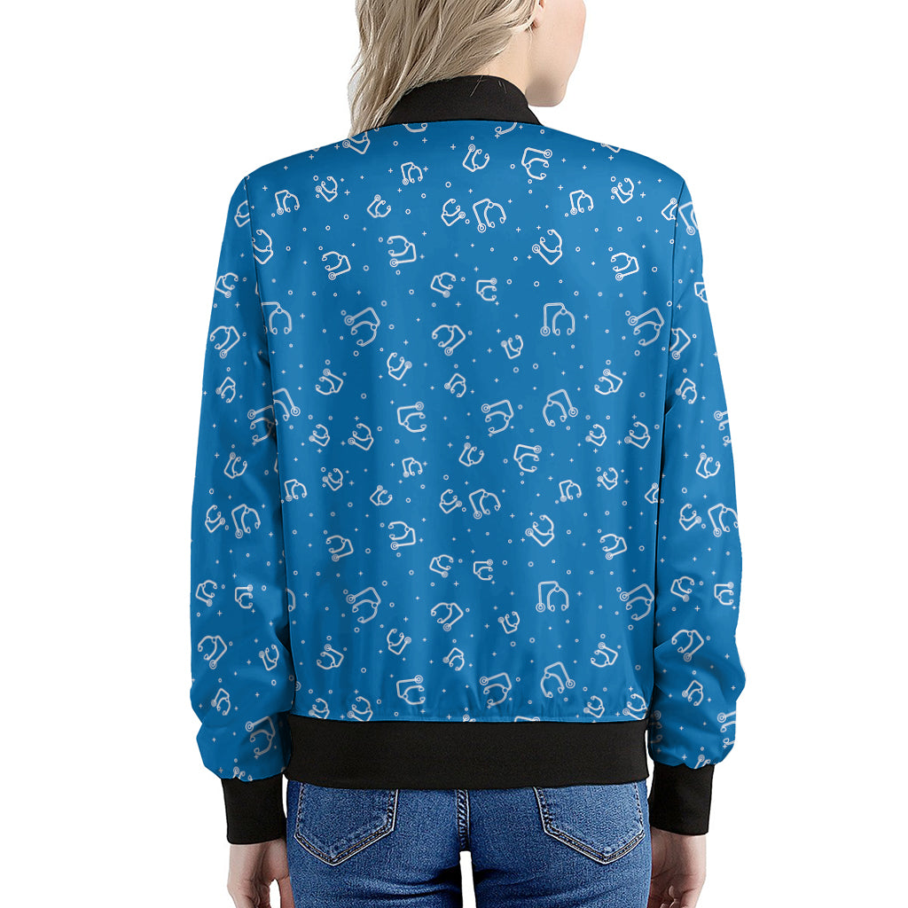 Blue And White Stethoscope Pattern Print Women's Bomber Jacket