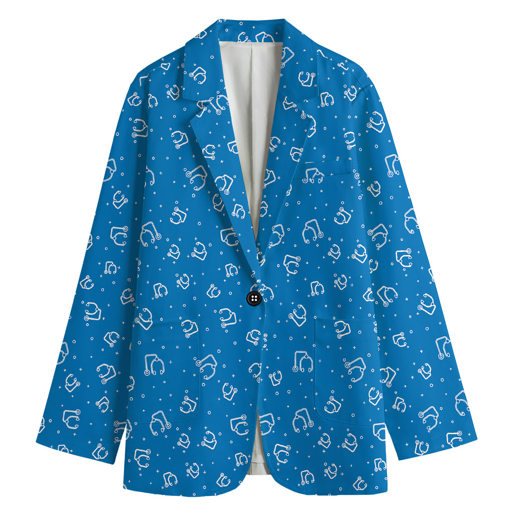 Blue And White Stethoscope Pattern Print Women's Cotton Blazer