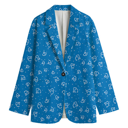 Blue And White Stethoscope Pattern Print Women's Cotton Blazer