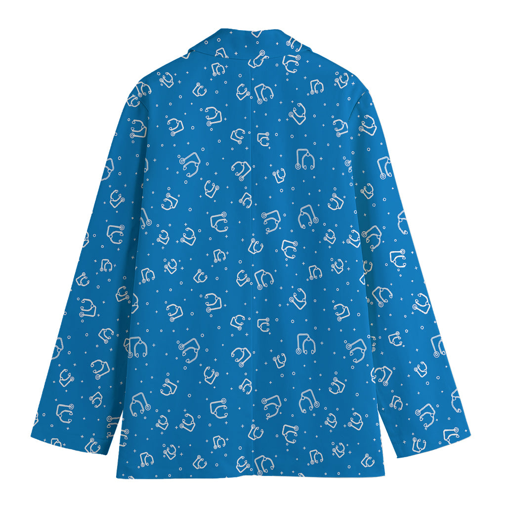 Blue And White Stethoscope Pattern Print Women's Cotton Blazer