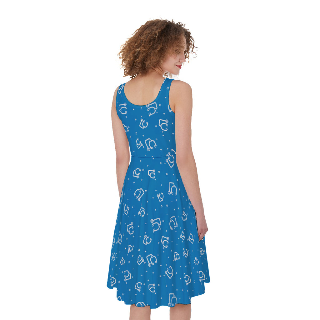 Blue And White Stethoscope Pattern Print Women's Sleeveless Dress