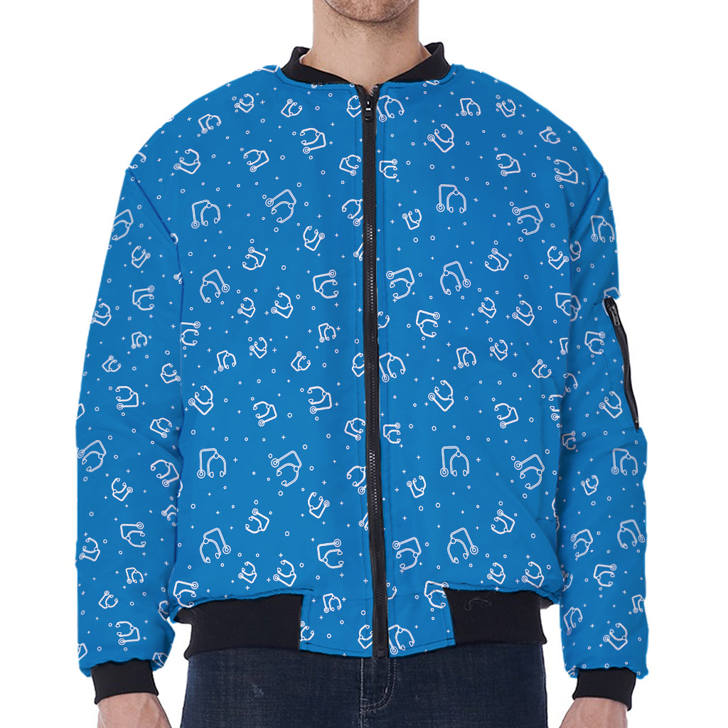 Blue And White Stethoscope Pattern Print Zip Sleeve Bomber Jacket