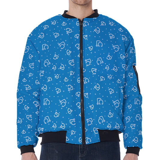 Blue And White Stethoscope Pattern Print Zip Sleeve Bomber Jacket