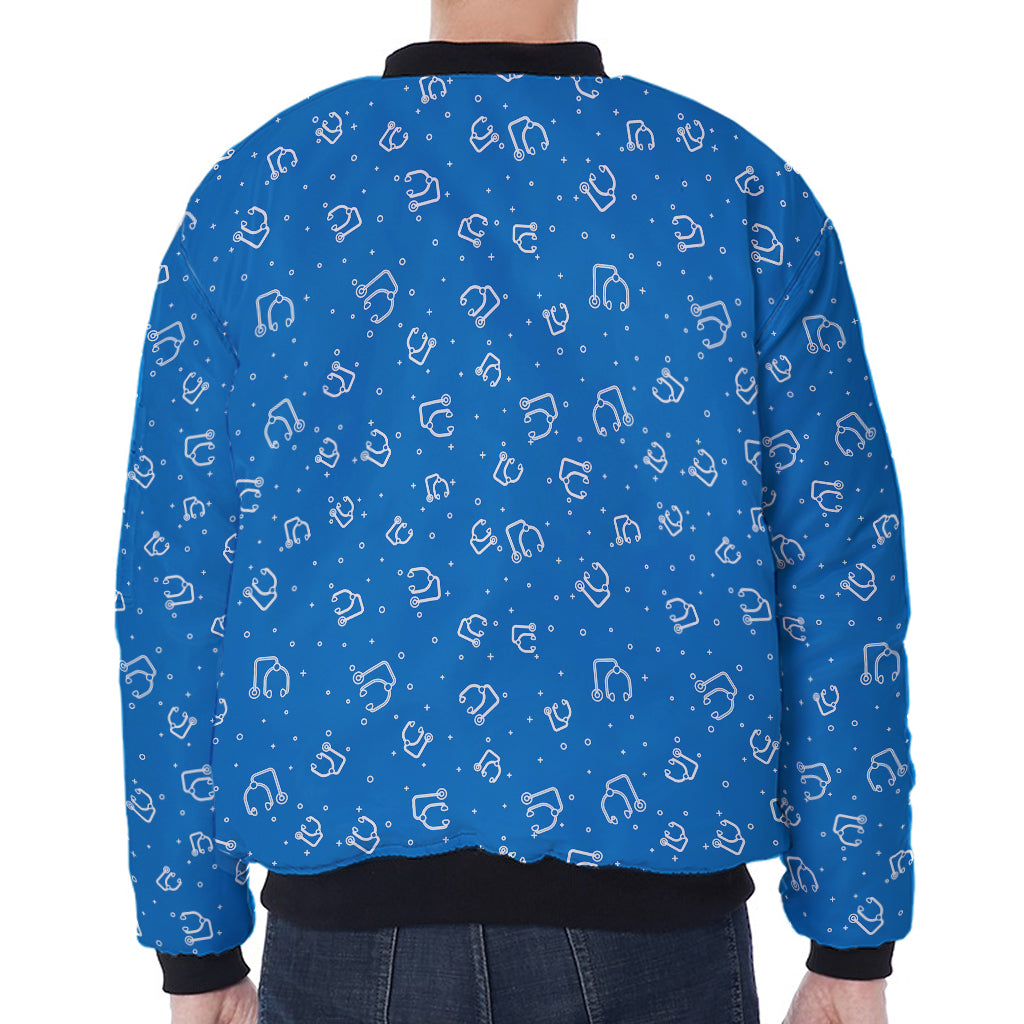 Blue And White Stethoscope Pattern Print Zip Sleeve Bomber Jacket