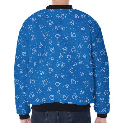 Blue And White Stethoscope Pattern Print Zip Sleeve Bomber Jacket