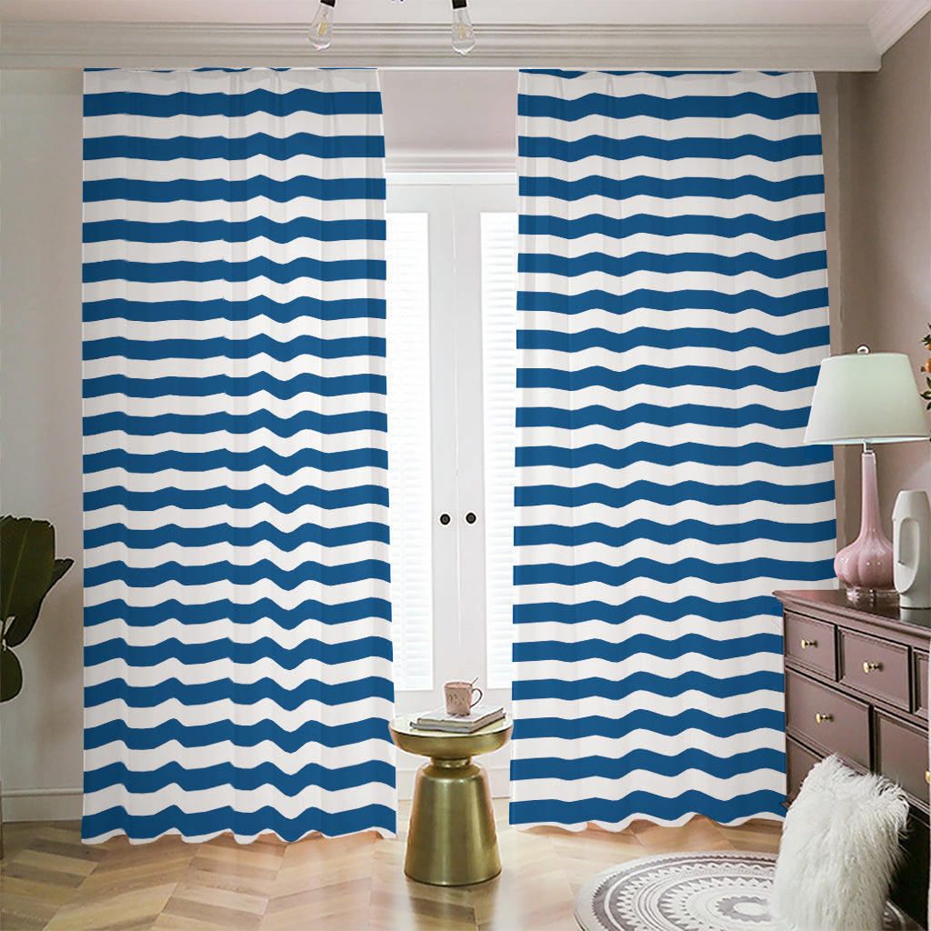 Blue And White Striped Pattern Print Blackout Pencil Pleat Curtains