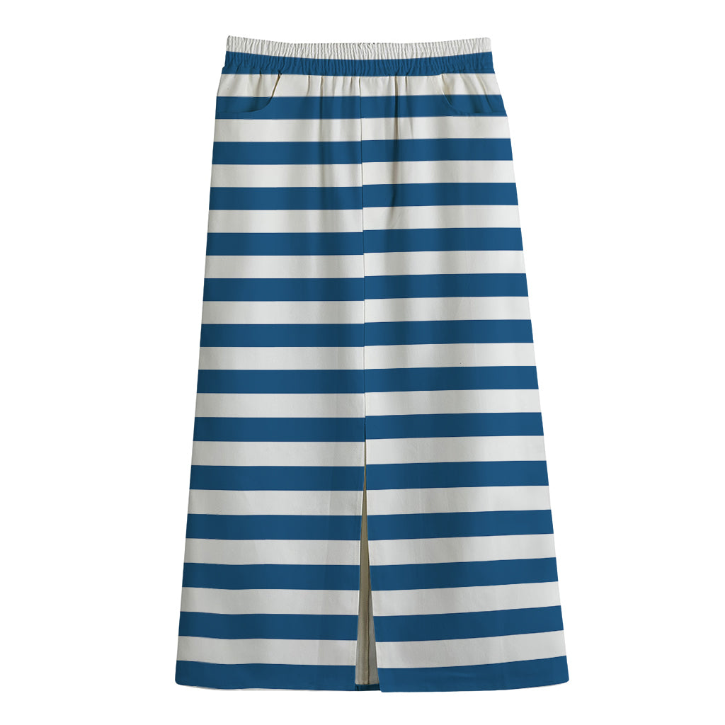 Blue And White Striped Pattern Print Cotton Front Slit Maxi Skirt