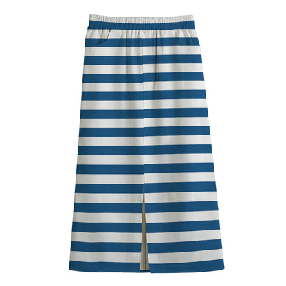 Blue And White Striped Pattern Print Cotton Front Slit Maxi Skirt