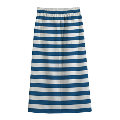 Blue And White Striped Pattern Print Cotton Front Slit Maxi Skirt