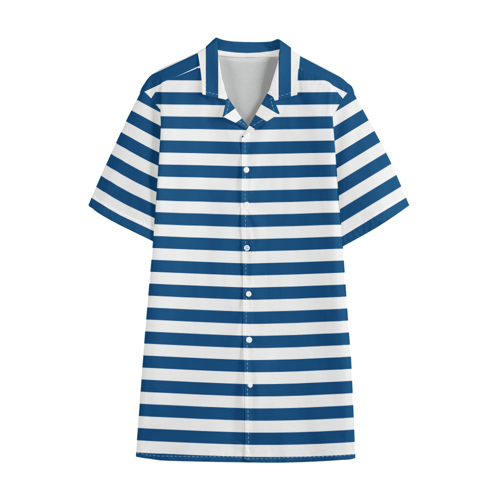 Blue And White Striped Pattern Print Cotton Hawaiian Shirt
