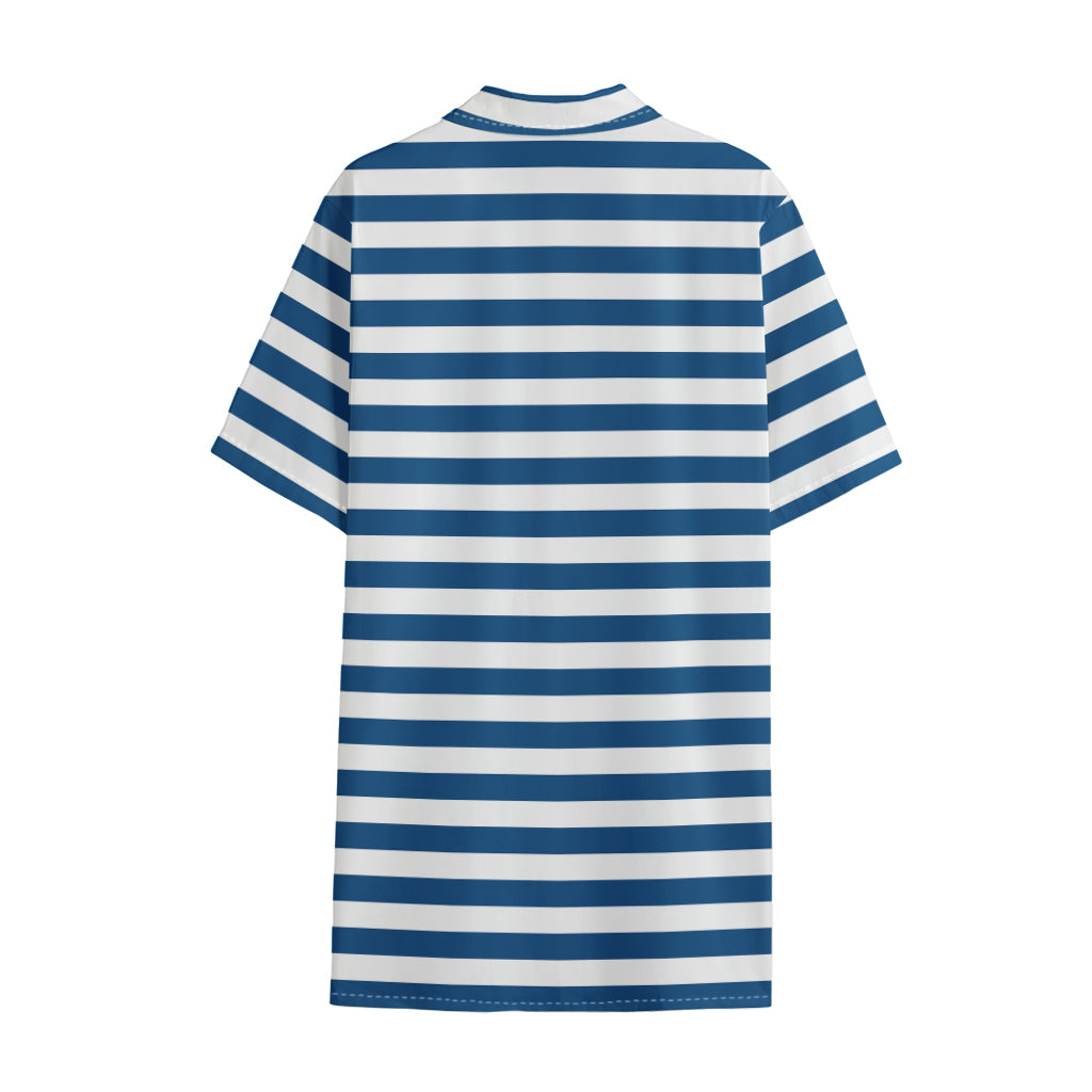 Blue And White Striped Pattern Print Cotton Hawaiian Shirt