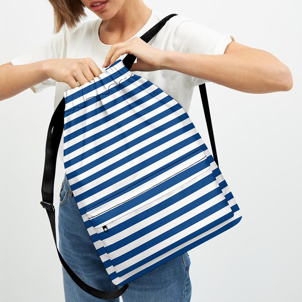 Blue And White Striped Pattern Print Drawstring Backpack