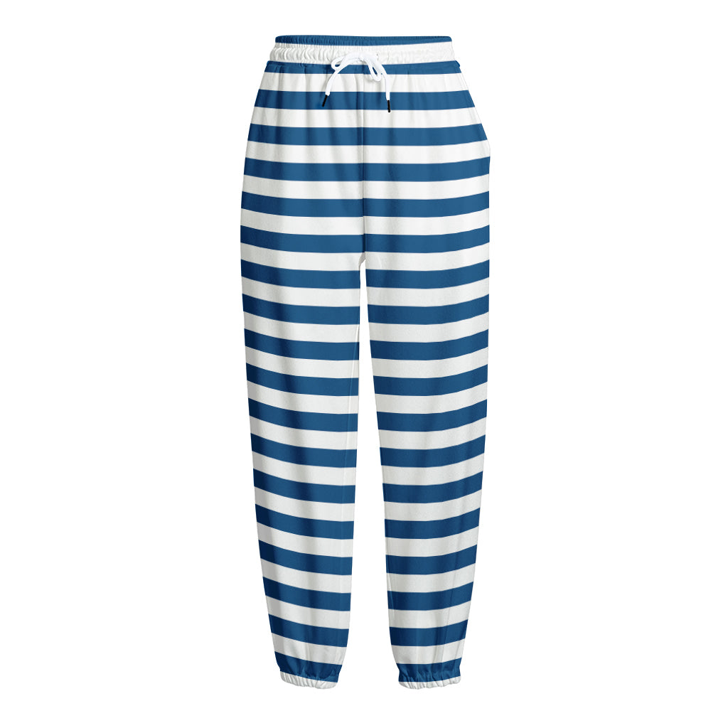 Blue And White Striped Pattern Print Fleece Lined Knit Pants