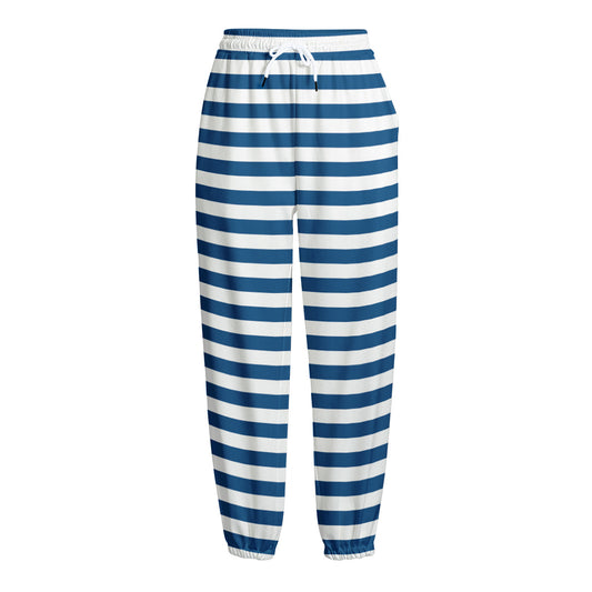 Blue And White Striped Pattern Print Fleece Lined Knit Pants