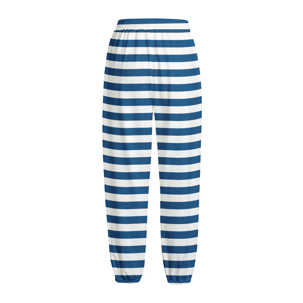 Blue And White Striped Pattern Print Fleece Lined Knit Pants