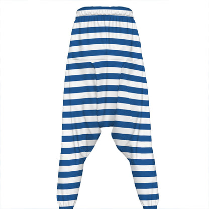 Blue And White Striped Pattern Print Hammer Pants