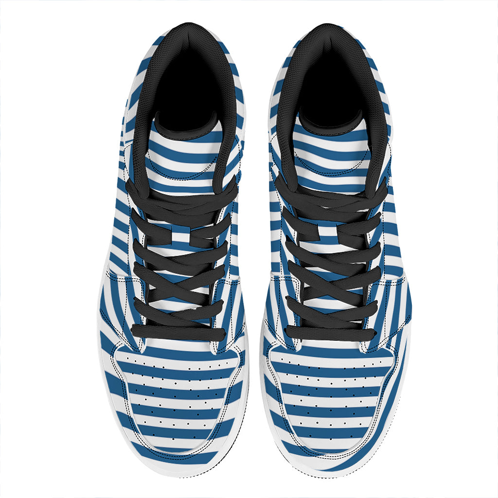 Blue And White Striped Pattern Print High Top Leather Sneakers