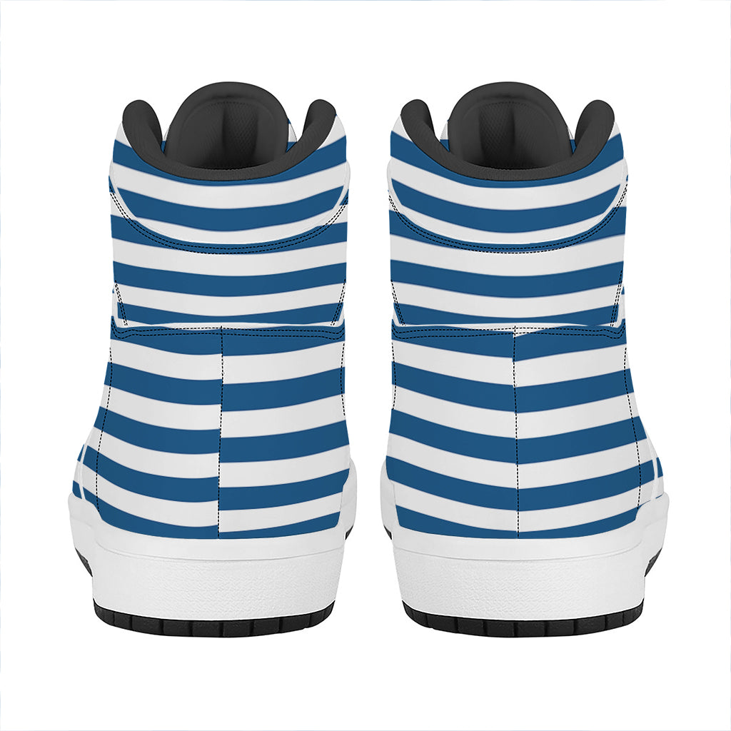 Blue And White Striped Pattern Print High Top Leather Sneakers