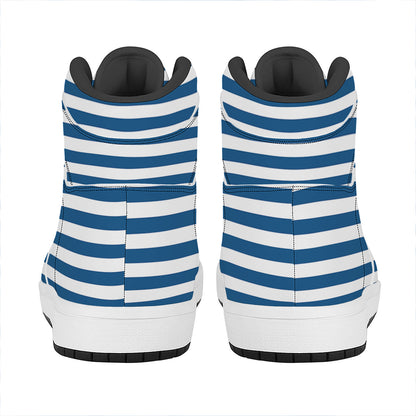 Blue And White Striped Pattern Print High Top Leather Sneakers