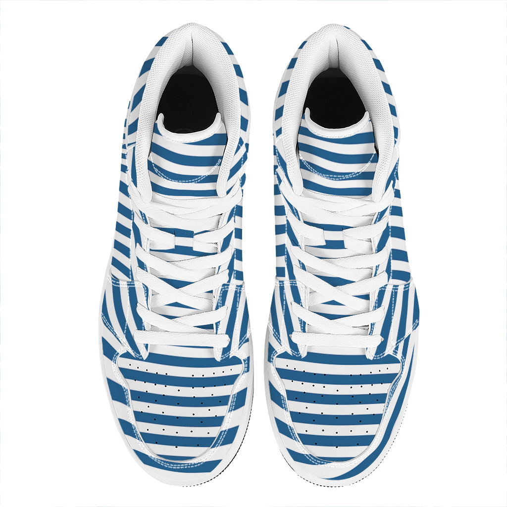Blue And White Striped Pattern Print High Top Leather Sneakers