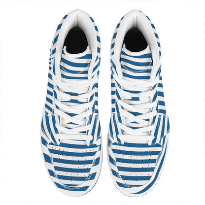 Blue And White Striped Pattern Print High Top Leather Sneakers