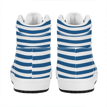 Blue And White Striped Pattern Print High Top Leather Sneakers