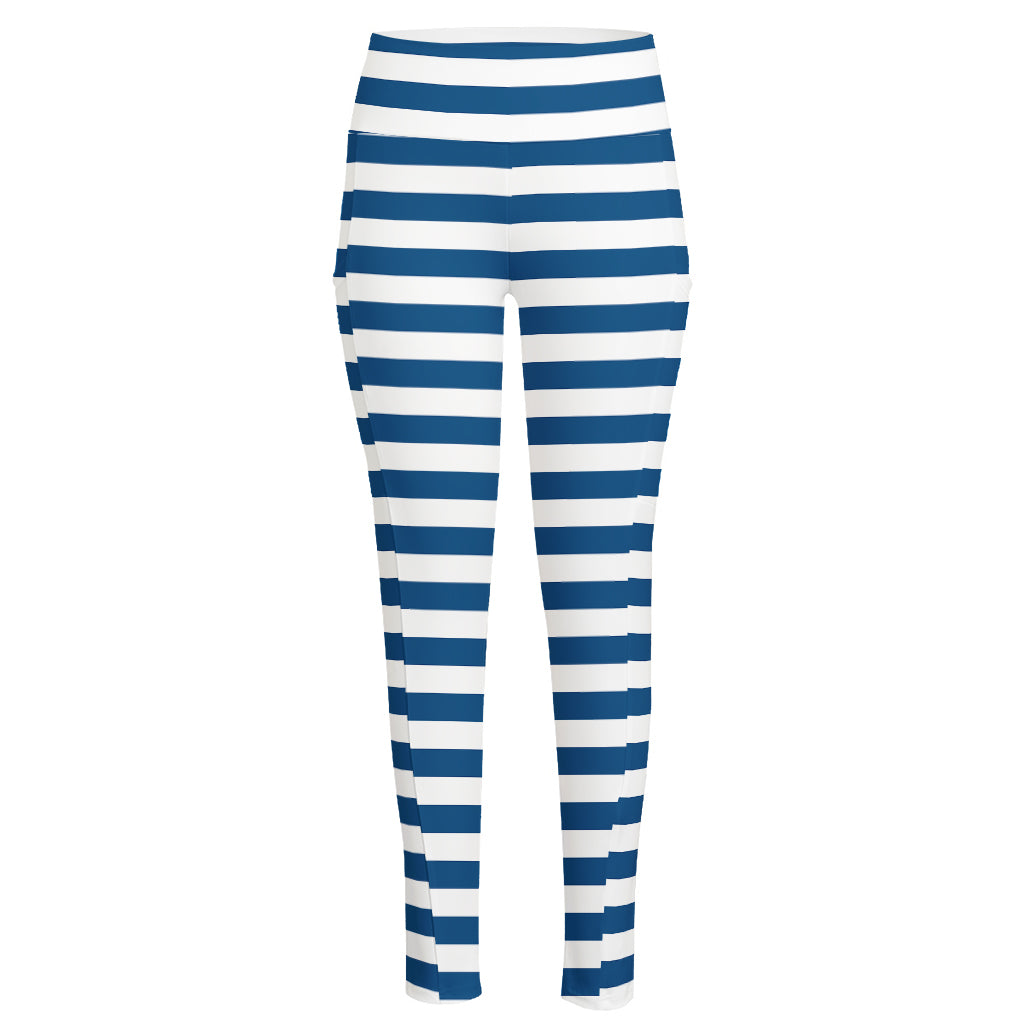 Blue And White Striped Pattern Print High-Waisted Pocket Leggings