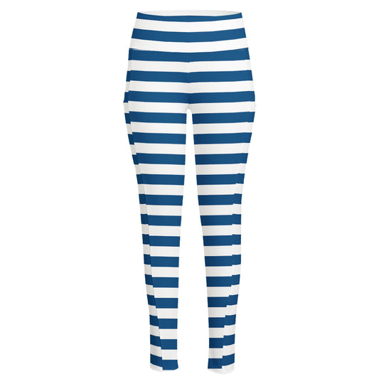 Blue And White Striped Pattern Print High-Waisted Pocket Leggings