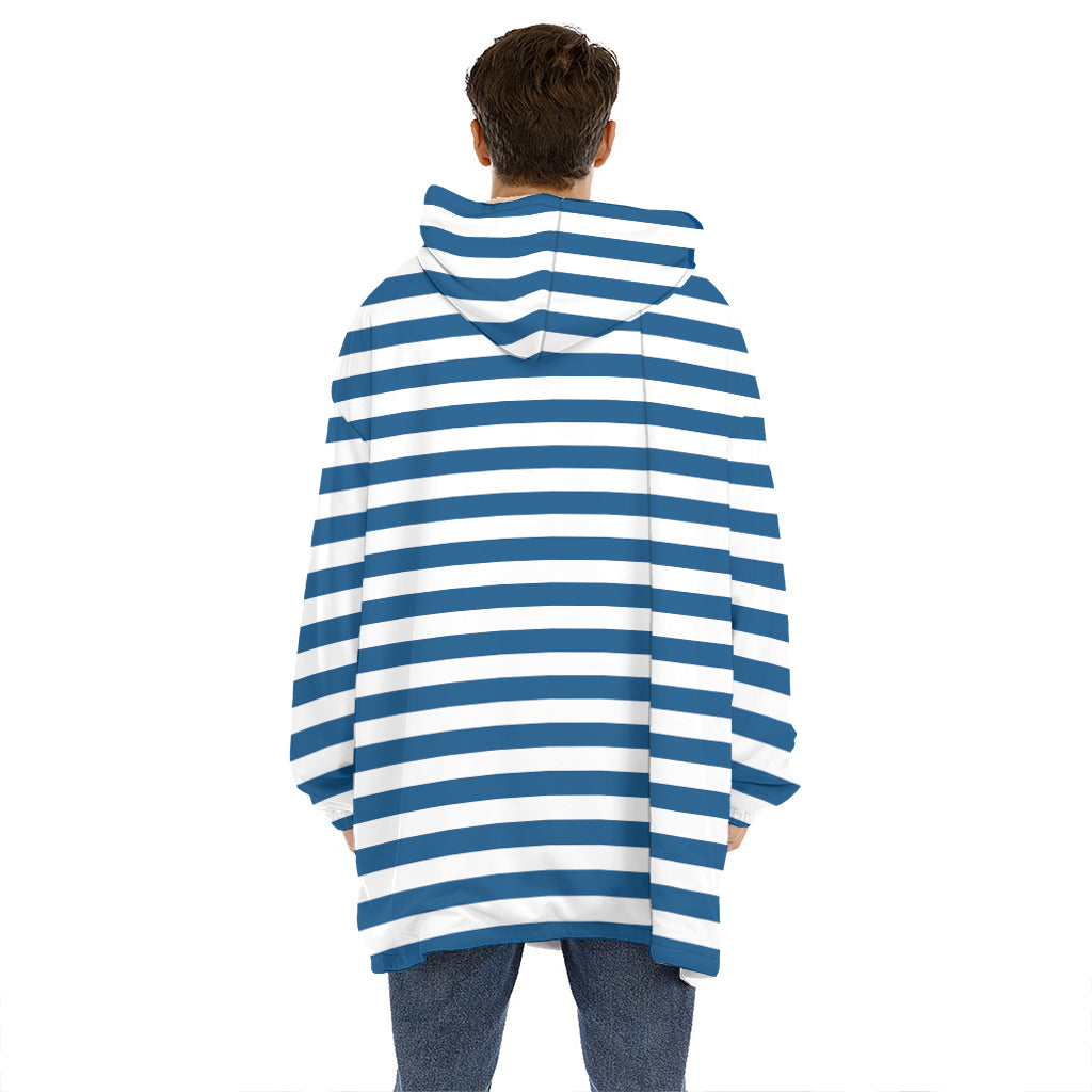 Blue And White Striped Pattern Print Hoodie Blanket
