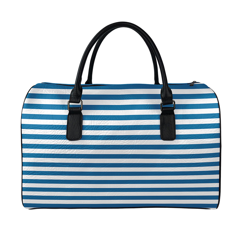 Blue And White Striped Pattern Print Leather Duffle Bag