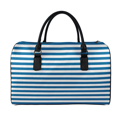 Blue And White Striped Pattern Print Leather Duffle Bag