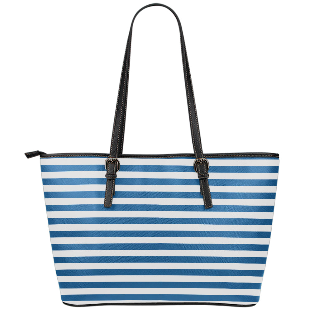 Blue And White Striped Pattern Print Leather Tote Bag