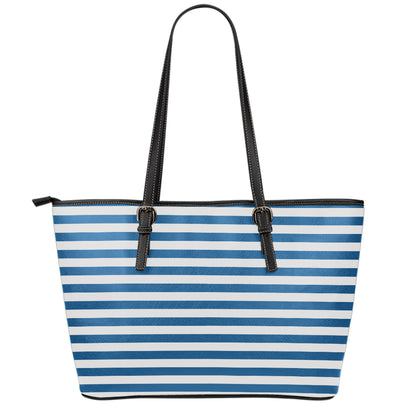 Blue And White Striped Pattern Print Leather Tote Bag