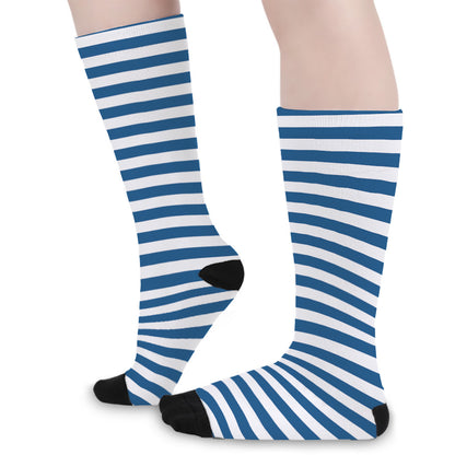 Blue And White Striped Pattern Print Long Socks