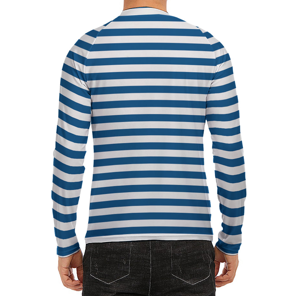 Blue And White Striped Pattern Print Men's Long Sleeve Rash Guard