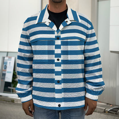 Blue And White Striped Pattern Print Men's Shirt Jacket