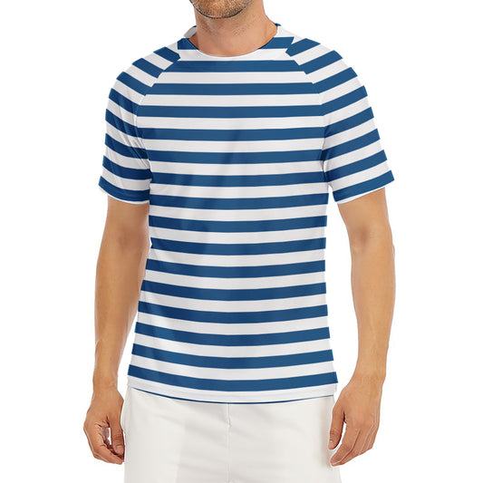 Blue And White Striped Pattern Print Men's Short Sleeve Rash Guard
